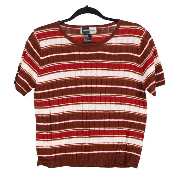 Beldoch Popper Sweaters - 70s Knit Sweater M Striped Red Brown ShortSleeve Knit Preppy Academia Old Money